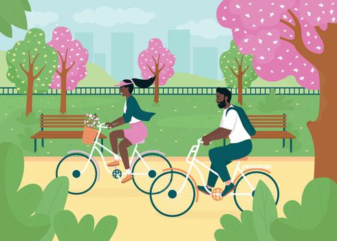 Riding bikes in spring park flat color vector illustration