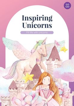 Poster template with unicorn concept,watercolor style