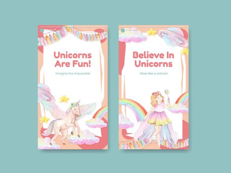 Instagram template with unicorn concept,watercolor style