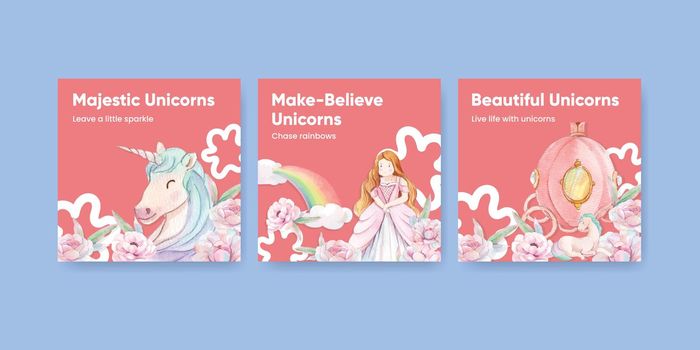 Banner template with unicorn concept,watercolor style