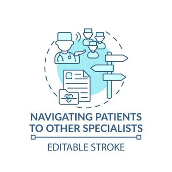 Navigating patients to other specialists blue concept icon