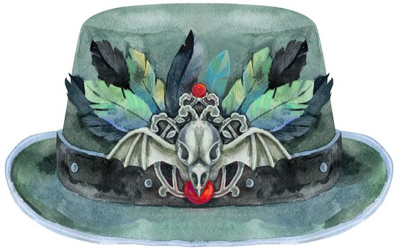 Watercolor green halloween hat with with raven skull and feathers