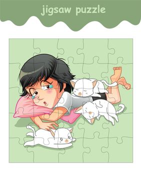 jigsaw puzzle game of girl with 3 little cats