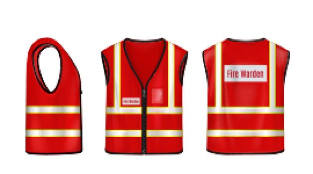 Fire warden safety vest front, side and back view
