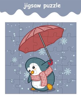 jigsaw puzzle game of penguin is holding umbrella