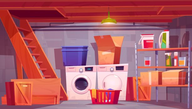 Laundry in basement, cartoon home cellar interior
