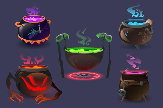 Witch cauldrons with magic potions and elixir