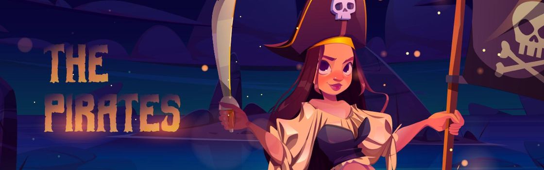 Girl pirate with sword and black flag with skull