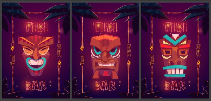 Tiki bar cartoon ad posters with tribal masks