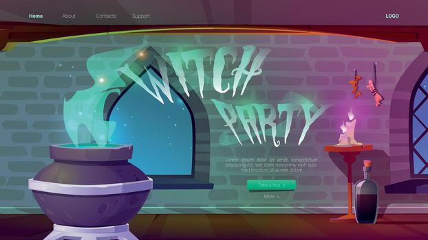 Witch party banner with magic potion in cauldron