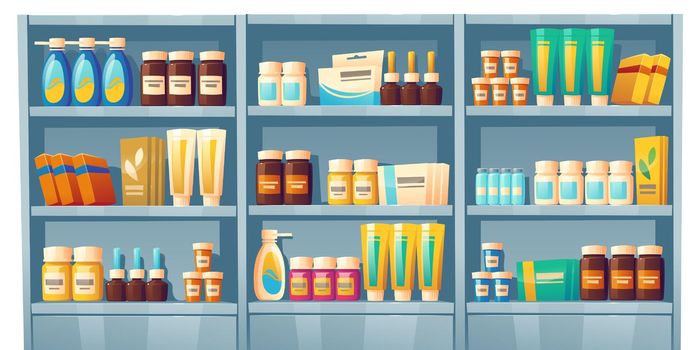 Pharmacy shelf with medicines, drugstore showcase