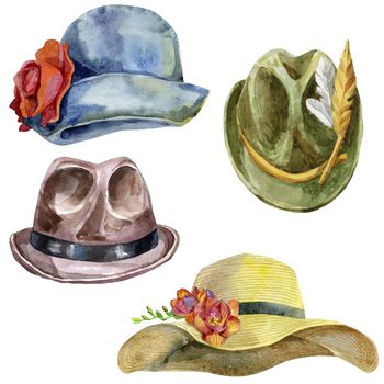 Set of watercolor illustrations of hats on white background
