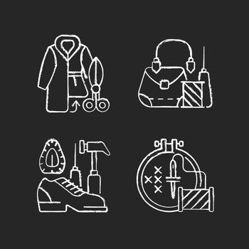 Clothes repair chalk white icons set on black background