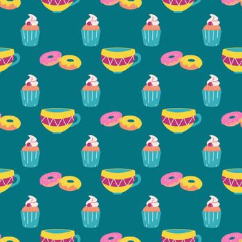 muffins, doughnuts, a mug of tea on a green background. Vector seamless pattern. Wallpaper, print.