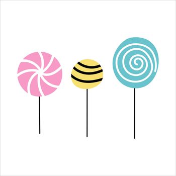 Of brightly colored candy on a stick. Vector flat image on a white background