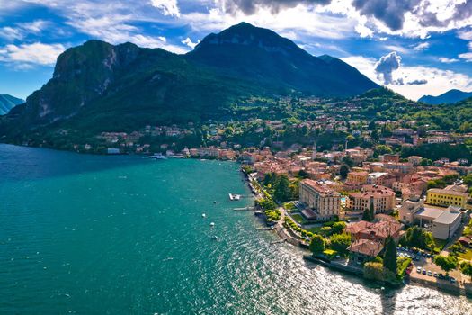 Como Lake and town of Menaggio waterfront aerial view