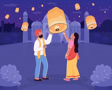 Traditional Diwali celebration flat color vector illustration. Cultural holiday. Light lanterns. Married couple in national clothing 2D cartoon characters with nighttime cityscape on background
