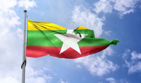 Myanmar flag - realistic waving fabric flag.