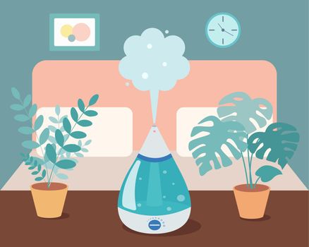 Humidifier in the bedroom with home plants on the table. Ultrasonic device, air aromatization. Vector illustration in cartoon style
