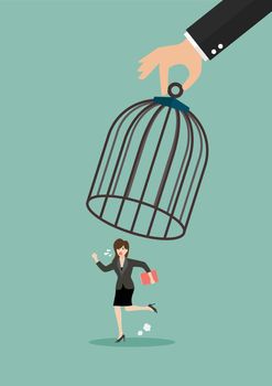 Business woman run away from big birdcage