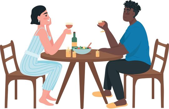 Interracial couple on romantic date flat color vector faceless characters
