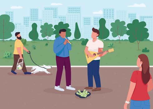 Street music playing flat color vector illustration