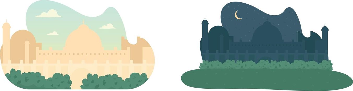 Daytime and nighttime mosque 2D vector web banner, poster set