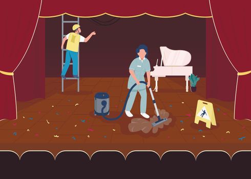 Cleaning after big concert flat color vector illustration