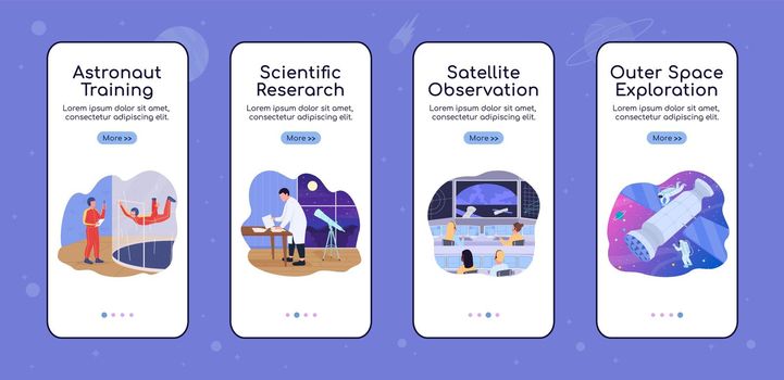 Outer space exploration onboarding mobile app screen flat vector template