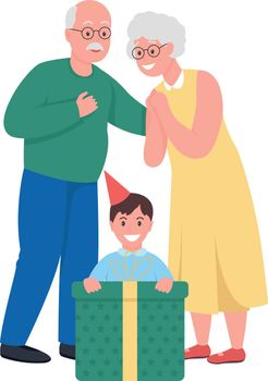 Gift giving grandparents with grandson flat color vector detailed character