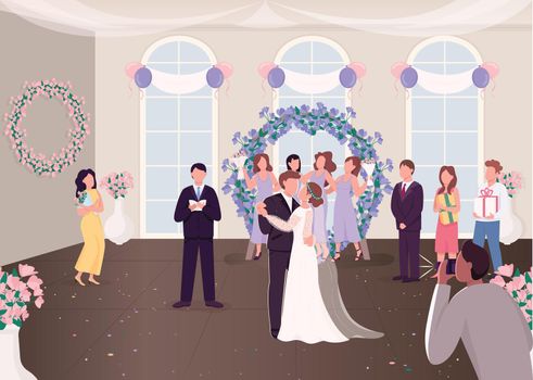 Wedding ceremony celebration flat color vector illustration. Newly married couple with guests. Bride and groom dancing first time 2D cartoon characters with decorated banquet hall on background