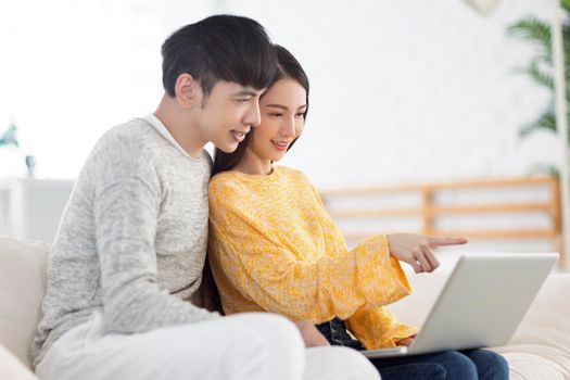 Young couple using laptop and watching video together in the living room.