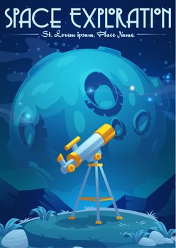 Space exploration cartoon poster with telescope