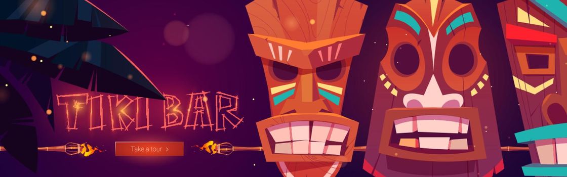 Tiki bar cartoon web banner with tribal masks