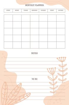 monthly planner template with hand drawn trendy organic shapes and floral botanical element