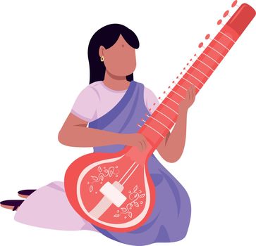 Indian musician playing sitar flat color vector faceless character
