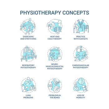 Physiotherapy blue concept icons set