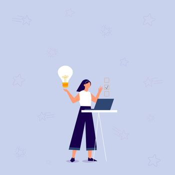 Illustration Of Girl Using Laptop Having New Amazing Ideas And Making Checklist. Lady Drawing Working On Minicomputer Picking Up Old Objective Doing Inventory.