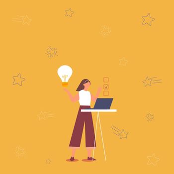 Illustration Of Girl Using Laptop Having New Amazing Ideas And Making Checklist. Lady Drawing Working On Minicomputer Picking Up Old Objective Doing Inventory.