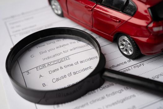 Health insurance accident claim form with car.      