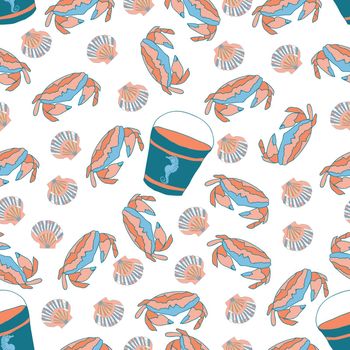 Nautical theme seamless pattern with buckets, shells and crabs on white background