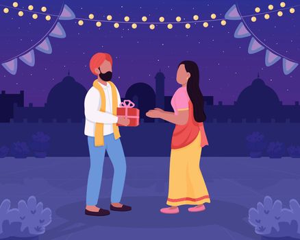 Diwali celebration flat color vector illustration. Deepavali Traditional indian holiday. Festival at night. Couple exchanging gifts 2D cartoon characters with cityscape on background