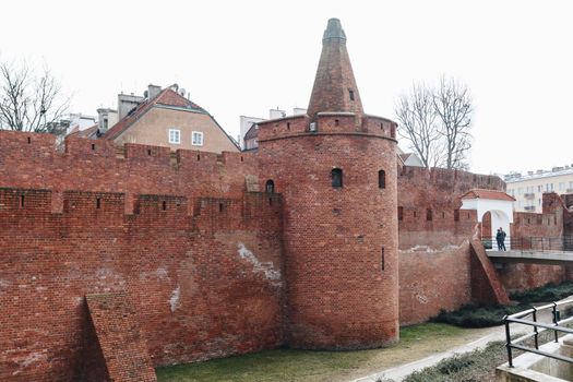 WARSAW, POLAND - Mar, 2018 Historic Warsaw Barbican, a medieval fortification in Warsaw center- Poland