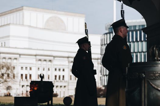 WARSAW, POLAND - Mar, 2018 Guard of honor near Tomb of the Unknown Soldier in Warsaw, Poland