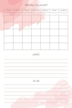 monthly planner trendy template with handwritten font and delicate watercolor brush stroke elements in pastel palette