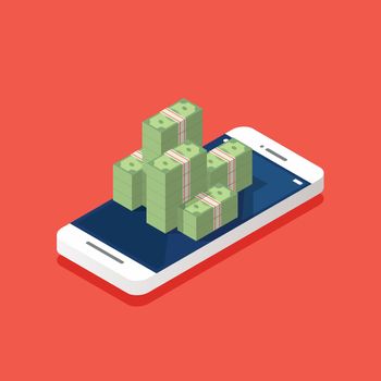 Pile of money on the smartphone screen isometric