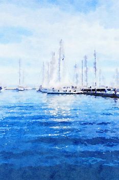 Watercolour Art Print, Yachts in the Sea in Summer