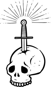 hand drawn stabbed skull by a sword.