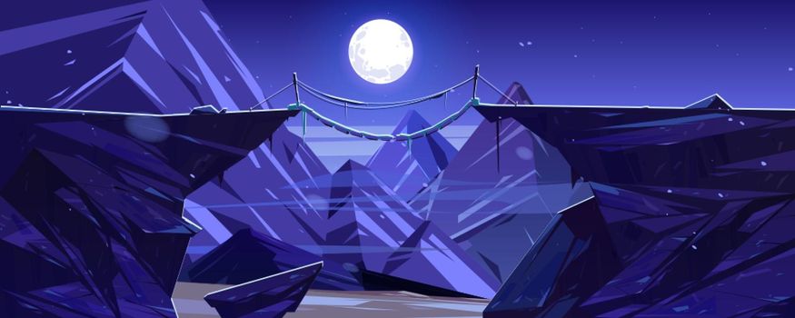 Suspended mountain bridge above cliff at night