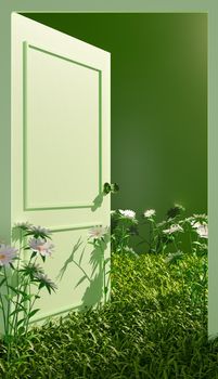 closed plan of an open green door with vegetation